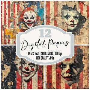 Paquete de 12 papeles digitales con diseño de póster de circo, textura grunge, rayas de payaso espeluznante, archivos JPG imprimibles de alta calidad.