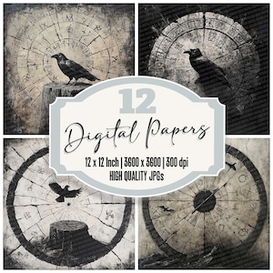 May include: A collage of four digital papers with a gothic theme. Each paper features a weathered, circular design with ancient symbols and a raven. The central image includes the text "12 Digital Papers" and specifications of 12 x 12 inch size and 300 dpi.