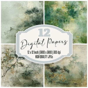 May include: A collection of 12 digital papers with a vintage aesthetic. The papers feature watercolor-style illustrations of trees and foliage in shades of green, brown, and beige. The text on the image reads "12 Digital Papers, 12 x 12 Inch | 3600 x 3600 | 300 dpi, HIGH QUALITY JPGs."