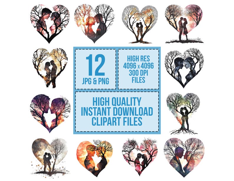 Romantic Silhouette PNG Clipart, 12x Couple in Heart Shape Clip Art Set ...