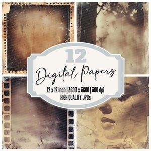 12x Vintage Film Junk Journal Paper,Aged Photo Frame Digital Paper Pack,Distressed Film Reels Backgrounds,High Quality JPGs,Digital Download