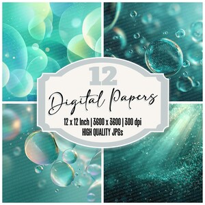 Puede incluir: Una impresión de arte digital con cuatro paneles con temática acuática. Los paneles muestran burbujas y efectos de luz en tonos turquesa y verde azulado. El elemento central del diseño incluye el texto "12 Digital Papers" y especificaciones de archivos.