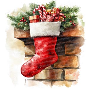 Puede incluir: Ilustración en acuarela de un calcetín navideño rojo lleno de regalos, bastones de caramelo y vegetación, colgado en una chimenea de ladrillo. El calcetín tiene un ribete de piel blanca y está lleno de artículos festivos.