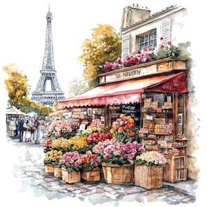 12 Clipart aquarelle du marché aux fleurs de Paris, scène de la Tour Eiffel, Paris floral, Clipart imprimable, JPG de haute qualité, téléchargement numérique, travaux manuels en papier