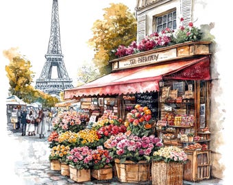12 Paris Flower Market Watercolor Clipart, Eiffel Tower Scene, Floral Paris,Printable Clipart,High Quality JPG,Digital Download,Paper Crafts