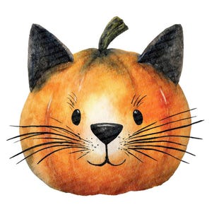 May include: Watercolor illustration of a pumpkin carved to resemble a cat's face. The pumpkin is orange with black cat ears and whiskers. The cat's nose and eyes are black, and the stem is green. The artwork is on a white background.