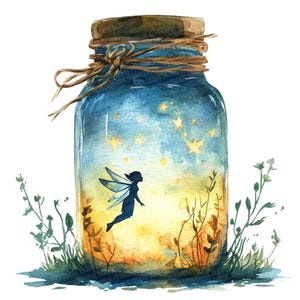 Fairy Jar Clip Art, 12x Magical Fairy PNG Set, Watercolor Firefly Jar Illustrations, Digital Download, Fantasy Art, Clipart Bundle PNGs