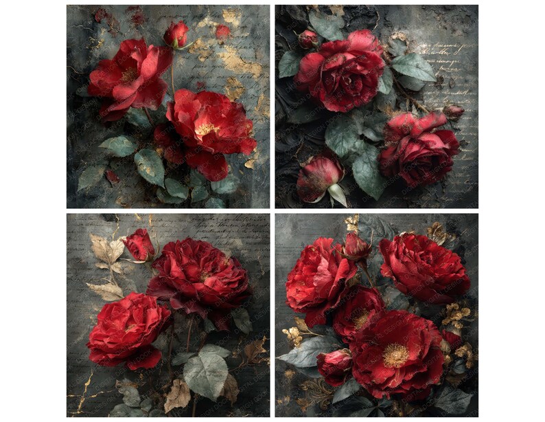 12x Gothic Red Rose Digital Paper Vintage Botanical Junk Journal Paper ...