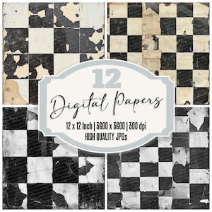 Könnte beinhalten: Zwölf digitale Papiere mit einem abgenutzten schwarz-weißen Karomuster. Jedes Papier ist 30,48 cm x 30,48 cm groß und hat eine Auflösung von 3600 x 3600 Pixel bei 300 dpi.