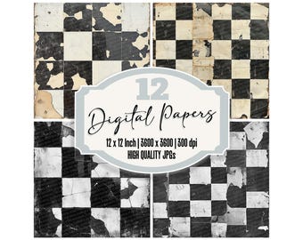 12 Distressed Digital Paper Checkerboard Junk Journal Paper Aged Grunge Tile Patterns Textured Scrapbook High Quality JPGs Download