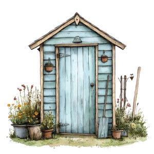 Gartenschuppen PNG Clipart, 12x Aquarell Cottage Schuppen Clip Art Set, druckbare Vintage Clip Art, Papierhandwerk, digitaler Download, Junk Journal