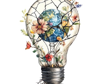 May include: A watercolor illustration of a lightbulb with a cracked glass shell. Inside, a globe is visible, surrounded by colorful flowers and greenery. The bulb's base is metallic, and roots extend from it, suggesting growth and nature.