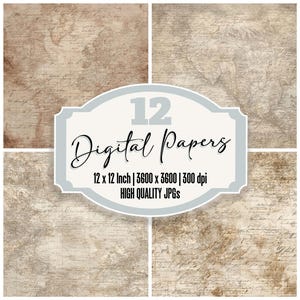 May include: A collection of 12 digital papers with a vintage map design. The papers are 12 x 12 inches and have a resolution of 3600 x 3600 pixels at 300 dpi. The image includes the text "Digital Papers".
