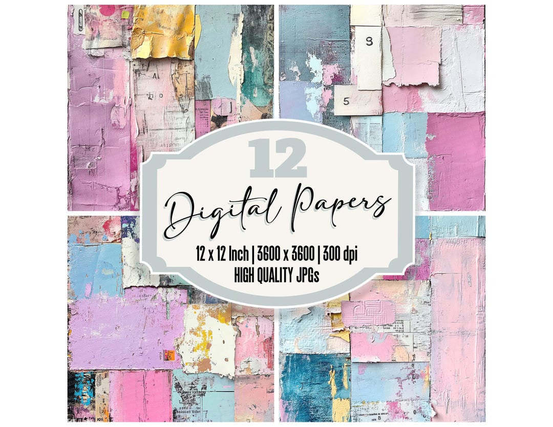 12x Pastel Collage Layers Junk Journal Paper Mixed Media Digital Paper ...