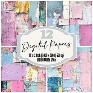 May include: Twelve digital papers with a distressed, abstract, and colorful design. The papers are 12 inches by 12 inches and 3600 pixels by 3600 pixels. They are 300 dpi and high quality JPGs.