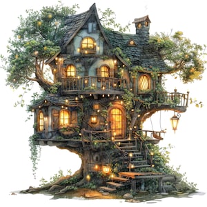 12x Tree House Clipart, Fairy Lights Treehouse Clipart, Printable Watercolor Clipart, Wall Art, Paper Crafts,Digital Download,Junk Journals