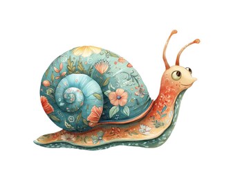 Clipart de caracol, 12 imágenes prediseñadas de caracol con estampado floral, imágenes prediseñadas de acuarela imprimibles, manualidades de papel, descarga digital JPG, PNG transparente