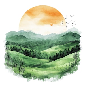 Berg zonsondergang PNG-clipart, 12 x aquarel landschap illustraties set, afdrukbare natuur illustraties, digitale download, papier ambachten, scrapbooking