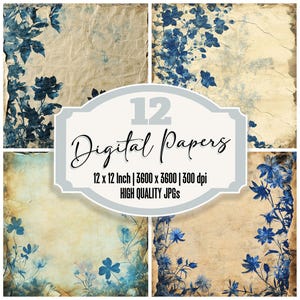 12x Blue Floral Silhouette Junk Journal Paper, Vintage Digital Paper Pack, Aged Botanical Backgrounds, High Quality JPGs, Digital Download