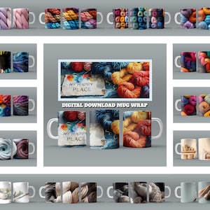 May include: A set of 12 digital download mug wraps featuring colorful yarn balls and the text "My Happy Place".