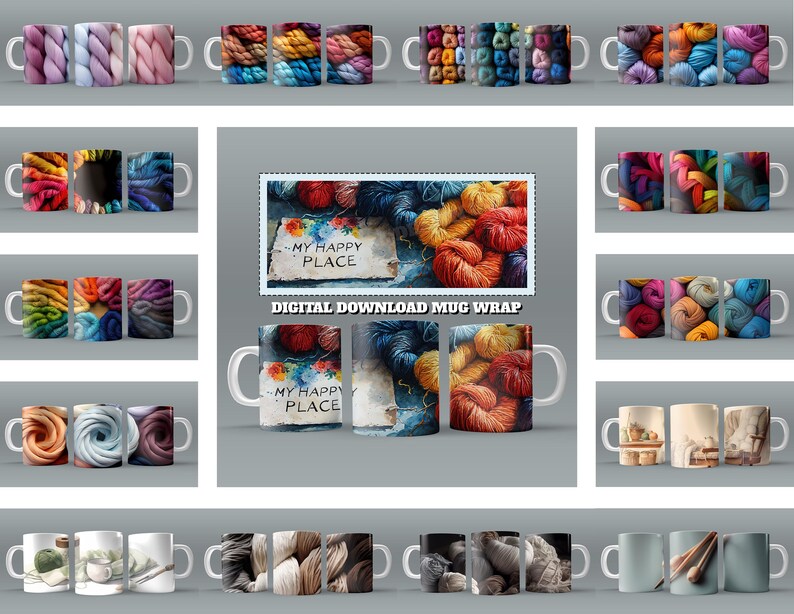 May include: A set of 12 digital download mug wraps featuring colorful yarn balls and the text "My Happy Place".