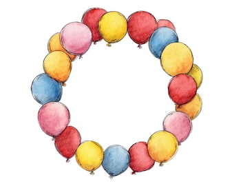 Balloon Frame PNG Clipart, 12x Birthday Wreath Clip Art, Printable Watercolor Party Balloons, Transparent Background, JPG Digital Download