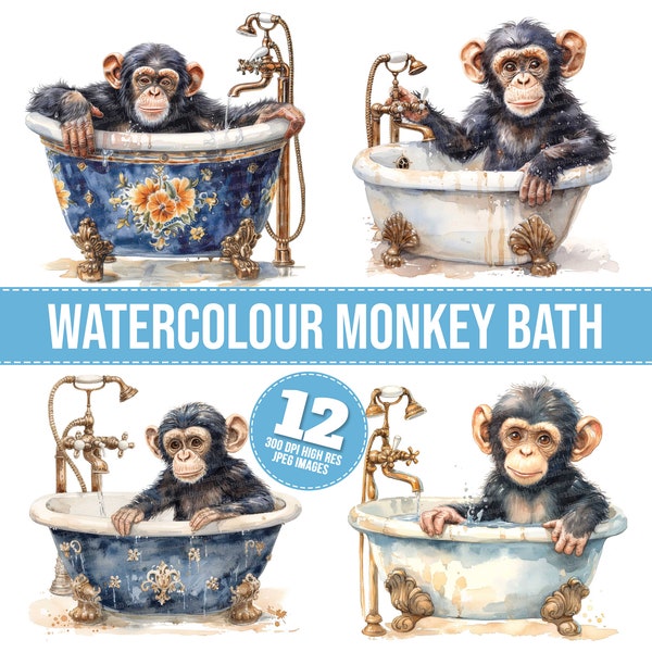 Watercolour Monkey Bath Clipart, 12 JPGs, Vintage Bathtub Printable Image, Illustration, Wall Art, Digital Download, Junk Journals, T-shirt
