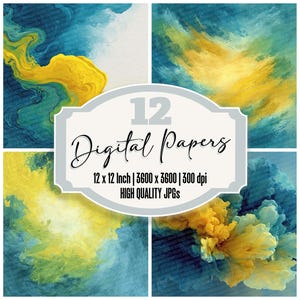 May include: A digital art print showcasing four abstract watercolour designs in shades of blue, yellow, and white. The image includes the text "12 Digital Papers" and details about the size and resolution, 30.5 x 30.5 cm.