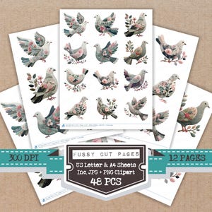 May include: Watercolor illustrations of doves with floral accents on white paper sheets. The image includes the text "Fussy Cut Pages", "US Letter & A4 Sheets", "Inc. JPG + PNG Clipart", and "48 PCS". The image is labeled "300 DPI" and "12 PAGES".
