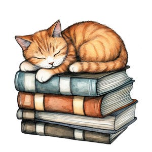 May include: A ginger cat is sleeping on top of a stack of books. The books are various sizes and colors, including brown, blue, and white.