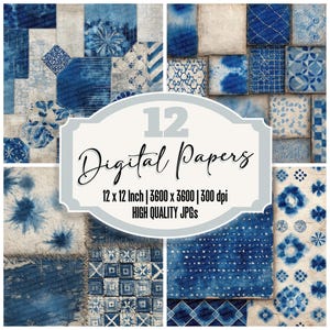 Paquete de 12 papeles digitales Shibori Indigo Junk Journal, textura de puntada Sashiko, tejido plegado, alta calidad, archivos JPG, papel para álbumes de recortes.