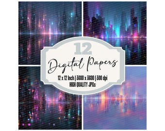 12x Cyberpunk City Grid Junk Journal Paper Digital Paper Pack Neon Skyline Backgrounds Futuristic Glow Texture Papier Découpés Download