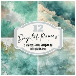 May include: A digital art composition featuring twelve watercolor-style digital papers. The papers showcase a palette of teal, gray, and beige hues. The image includes text that reads "12 Digital Papers" and details about the size and resolution.