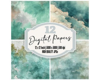 12x Mint Seafoam Wash Junk Journal Papier Aquarell Hintergründe in weichem Mintgrün und Petrol druckbare Scrapbook Textur Papier Pack zum Herunterladen