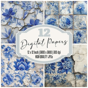 May include: A collection of 12 digital papers featuring a distressed floral design in shades of blue and white. The papers are 12 x 12 inches and have a resolution of 3600 x 3600 pixels at 300 dpi. The text on the image reads "Digital Papers".