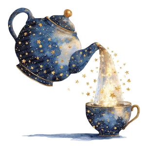 Può includere: Illustrazione ad acquerello di una teiera blu navy che versa stelle dorate in una tazza abbinata. Sia la teiera che la tazza sono decorate con dettagli di stelle dorate. Il manico e il bordo della tazza sono dorati.