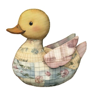May include: A handcrafted duck figurine with a yellow head, orange beak, and patchwork body. The body features floral and plaid patterns in blue, pink, and beige. The wings are a mix of pink and beige plaid. A charming decorative item.