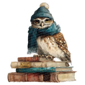 May include: An illustration of an owl wearing a teal knit cap and scarf, perched atop a stack of old books. The owl has brown and white feathers and is looking forward. The books are various colors, including brown, blue, and tan.
