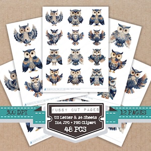 May include: Sheets of paper featuring watercolor owl illustrations in shades of blue, brown, and white. The image includes the text "Fussy Cut Pages", "US Letter & A4 Sheets", "Inc. JPG + PNG Clipart", and "48 PCS". The image also includes the text "300 DPI" and "12 PAGES".