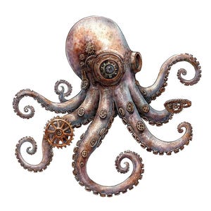 Steampunk Octopus PNG-clipart, 12 x mechanische Kraken-illustraties, afdrukbare aquarel koppotigen illustratie, Paper Crafts, digitale download afbeelding 9