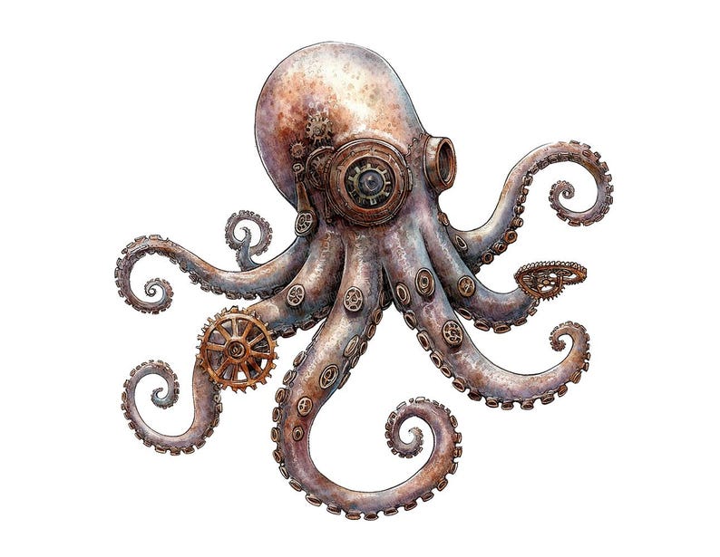 Steampunk Octopus PNG-clipart, 12 x mechanische Kraken-illustraties, afdrukbare aquarel koppotigen illustratie, Paper Crafts, digitale download afbeelding 9