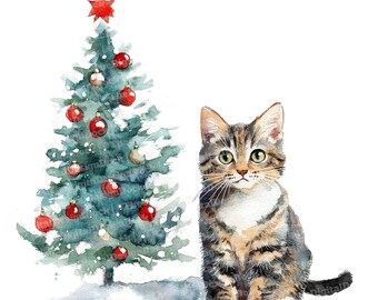 クリスマス猫のクリップアート12点、猫とクリスマスツリーの水彩画、高