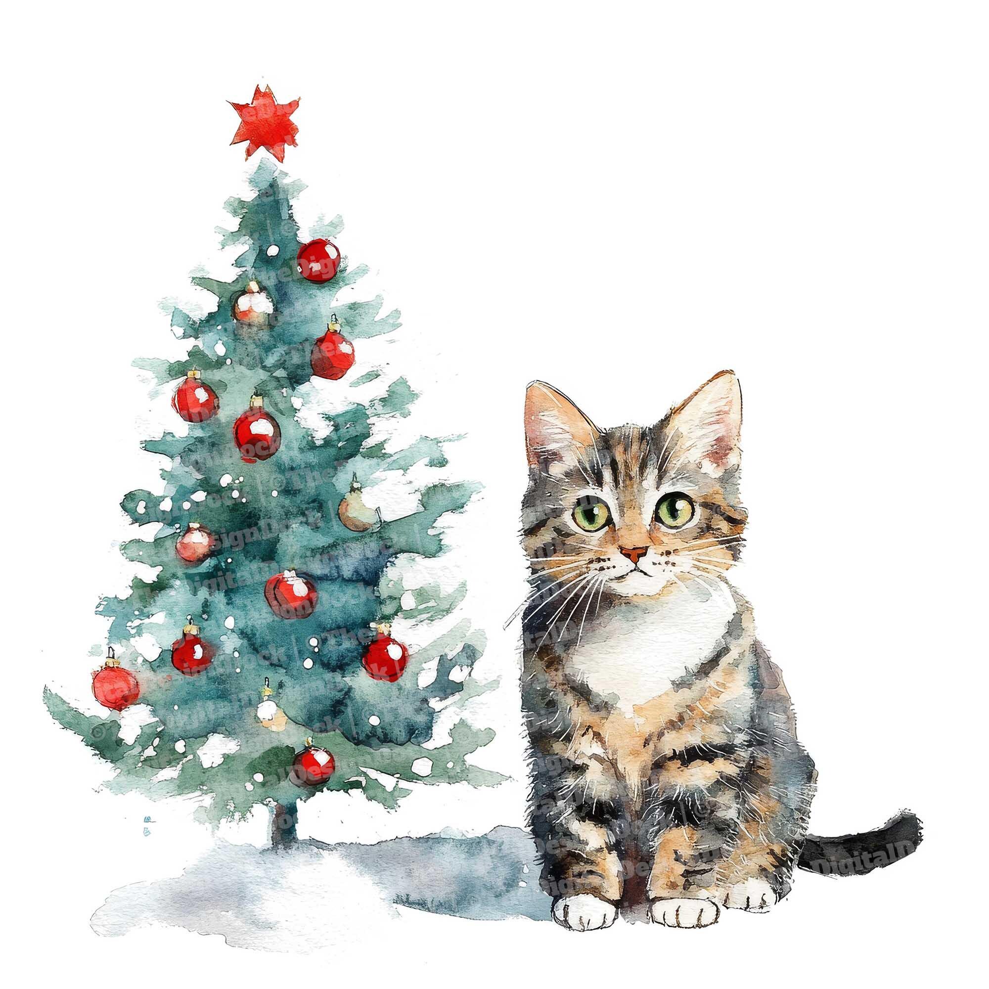 クリスマス猫のクリップアート12点、猫とクリスマスツリーの水彩画、高