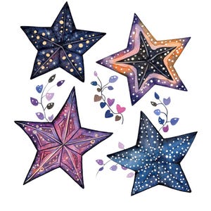 Star PNG Clip Art, 12x Folk Art Stars Clipart Set, Patterned Stars Watercolor Clip Art, Paper Crafts, JPG Digital Download, Transparent PNG