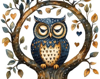 Folk uil illustraties, 12 x uil in holle boom PNG clipart set, aquarel uil illustraties, afdrukbare digitale download, transparante png