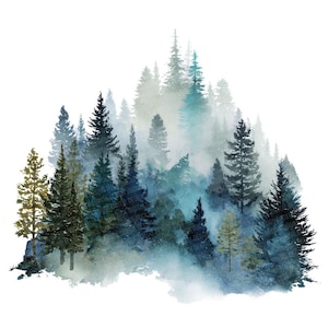 May include: Watercolor painting of a forest scene with tall evergreen trees in shades of green and blue. The trees are partially obscured by a misty fog, creating a serene and atmospheric landscape. The artwork is set against a white background.