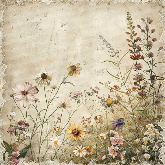 12x Wildflower Field Junk Journal Paper, Vintage Floral Digital
