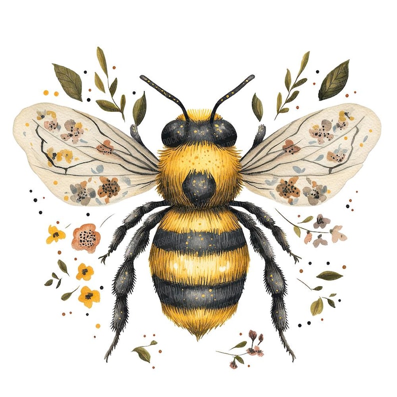 May include: Watercolor illustration of a bee with yellow and black stripes, detailed wings with floral patterns, and surrounded by leaves and small flowers. The bee is centered on a white background.