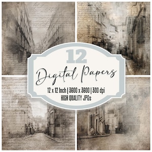 May include: A digital paper set featuring four vintage-style images of European streets and buildings. The images are in sepia tones with overlaid script. The set includes 12 digital papers, each 12 x 12 inches, 3600 x 3600 pixels, and 300 dpi. The text on the image says "12 Digital Papers".