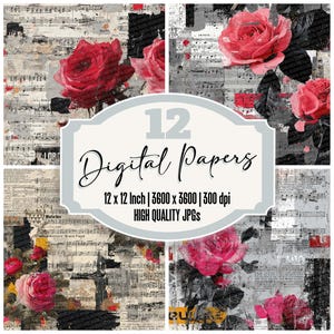 12 hojas de papel digital con textura rosa y fondos florales imprimibles de alta calidad.